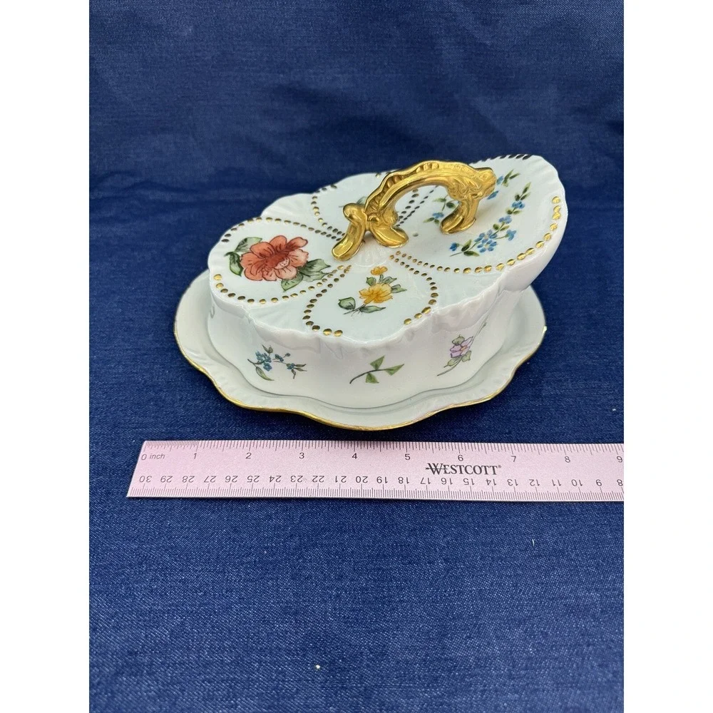 VTG Rare Covered Dish‎ & Knife Set Hand Painted Floral Signed Porcelain Ornate